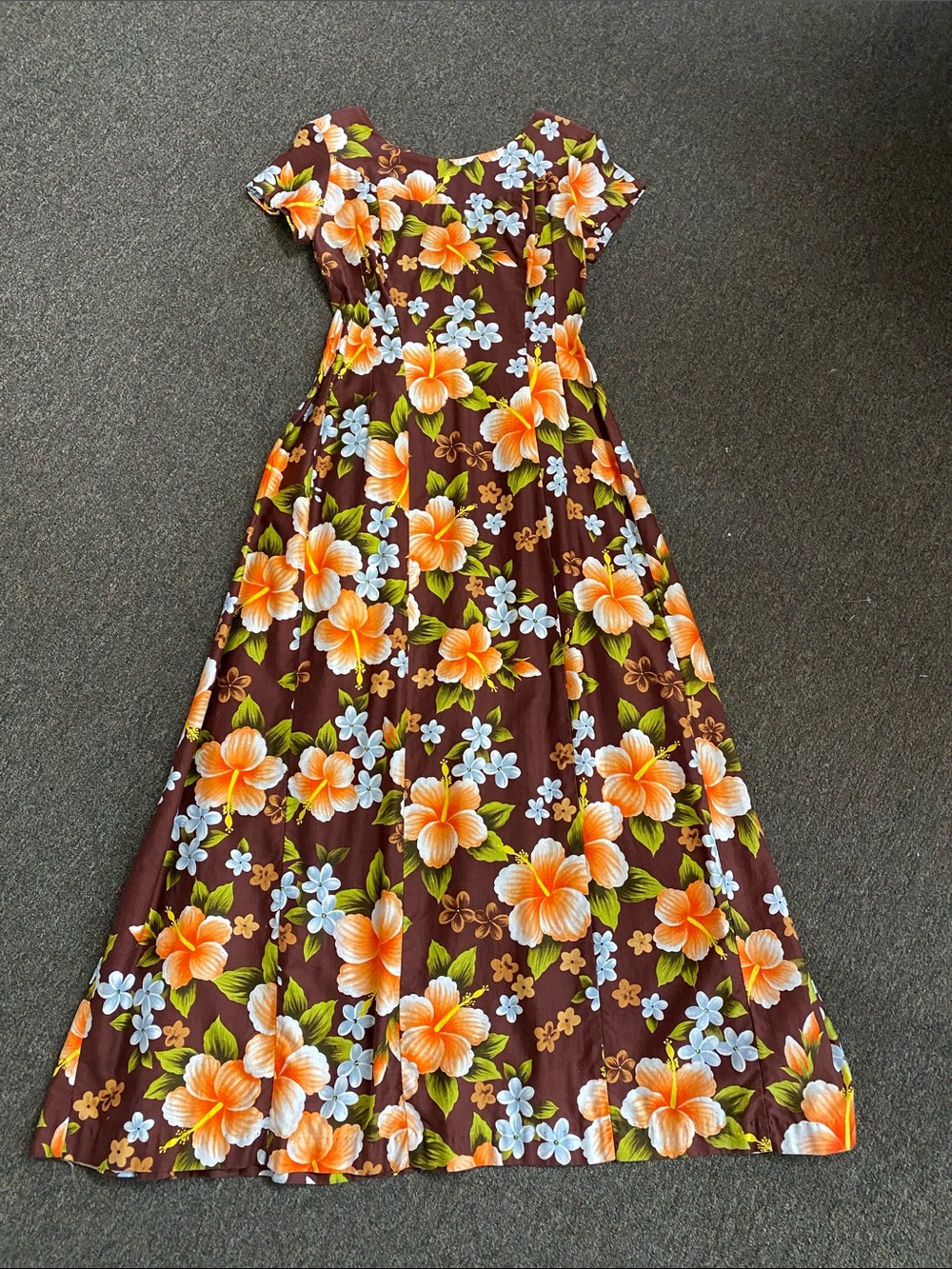 Vintage Ui-Maikai Maxi Dress in Brown with Orange Blooms